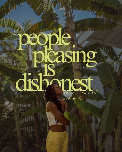 Text reading “People pleasing is dishonest” over a person standing among tropical plants, symbolizing self-reflection, authenticity, and the importance of setting personal boundaries.